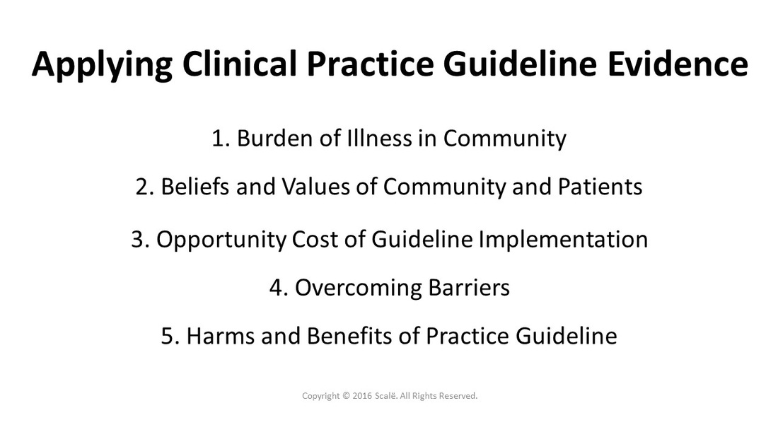 There are five considerations taken when applying clinical practice guideline evidence: The burden of illness in the community, the beliefs and values of the community and patients, the opportunity cost of guideline implementation, overcoming barriers, and the harms and benefits of the practice guideline.