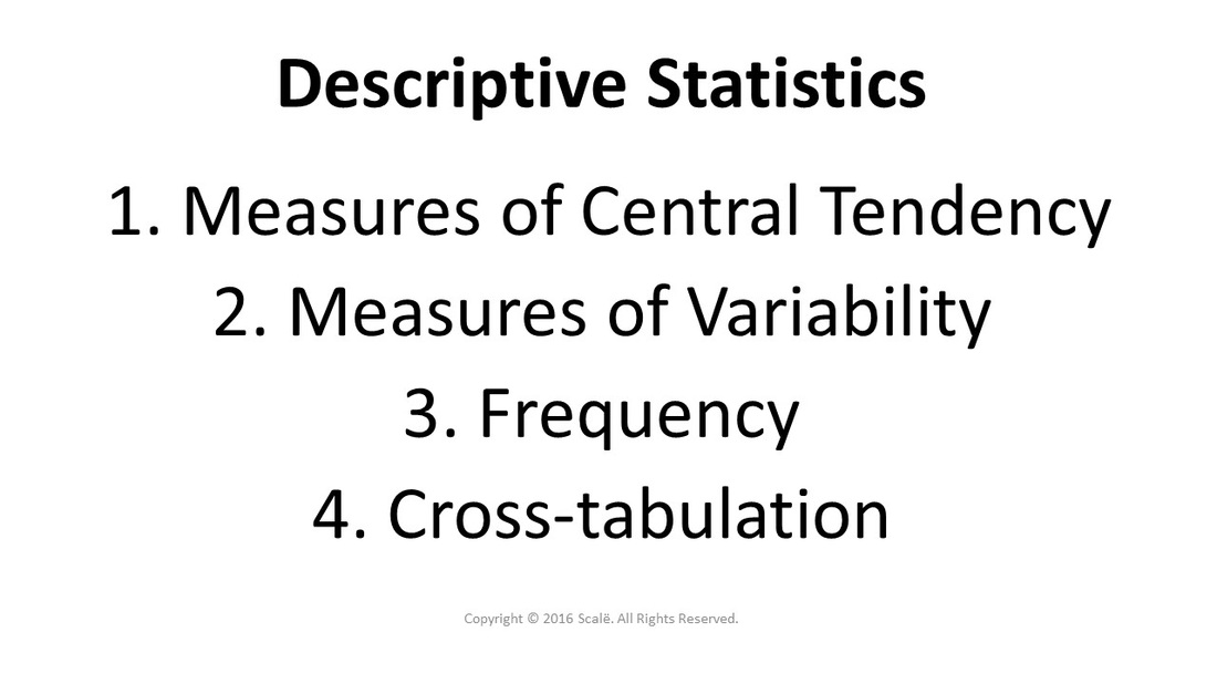 There are four types of descriptive statistics: Measures of central tendency, measures of variability, frequency, and cross-tabulation.