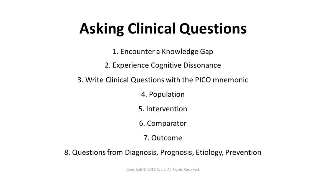 Asking clinical questions is important when knowledge gaps are experienced. Write clinical questions down using the PICO mnemonic. Clinical questions often come from diagnosis, prognosis, etiology, and prevention of disease states.
