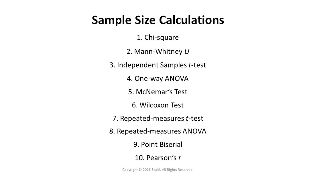 The methods for conducting and interpreting sample size calculations are available for chi-square, Mann-Whitney U, independent samples t-test, one-way ANOVA, McNemar's test, Wilcoxon test, repeated-measures t-test, repeated-measures ANOVA, point biserial, and Pearson's r.