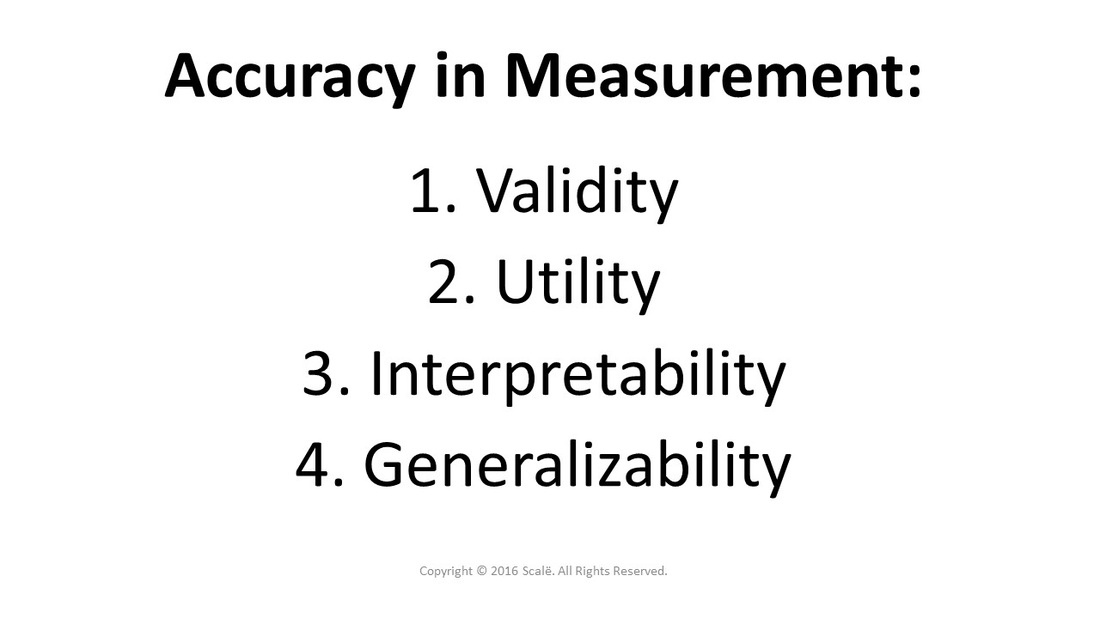 Accuracy in measurement relates to the validity, utility, interpretability, and generalizability of variables, scores, or measures.