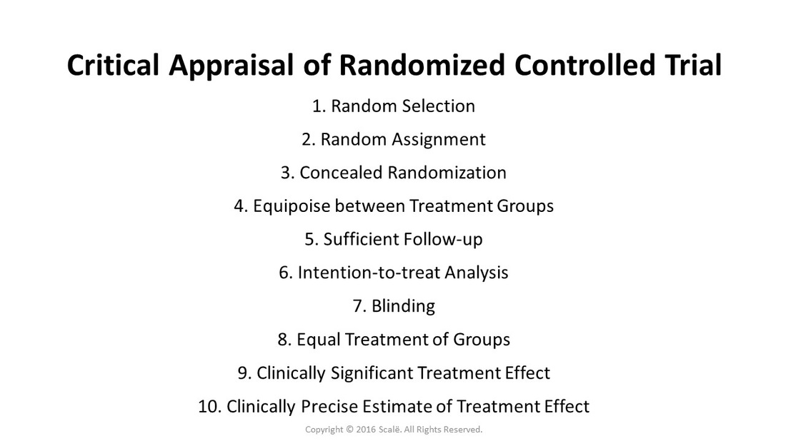 There are several criteria that have to be met when appraising randomized controlled trials: Random selection, random assignment, concealed randomization, equipoise between treatment groups, sufficient follow-up on outcomes, intention-to-treat analysis, blinding, equal treatment of groups, clinically significant treatment effects, and clinically precise estimates of treatment effects.