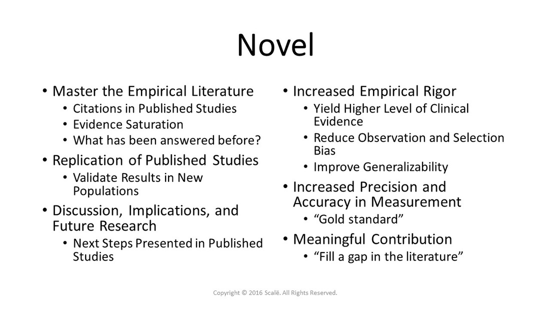 Novel research questions are grounded in the literature, replicate the methods of published studies, increase the empirical rigor of current evidence, and make meaningful contributions.