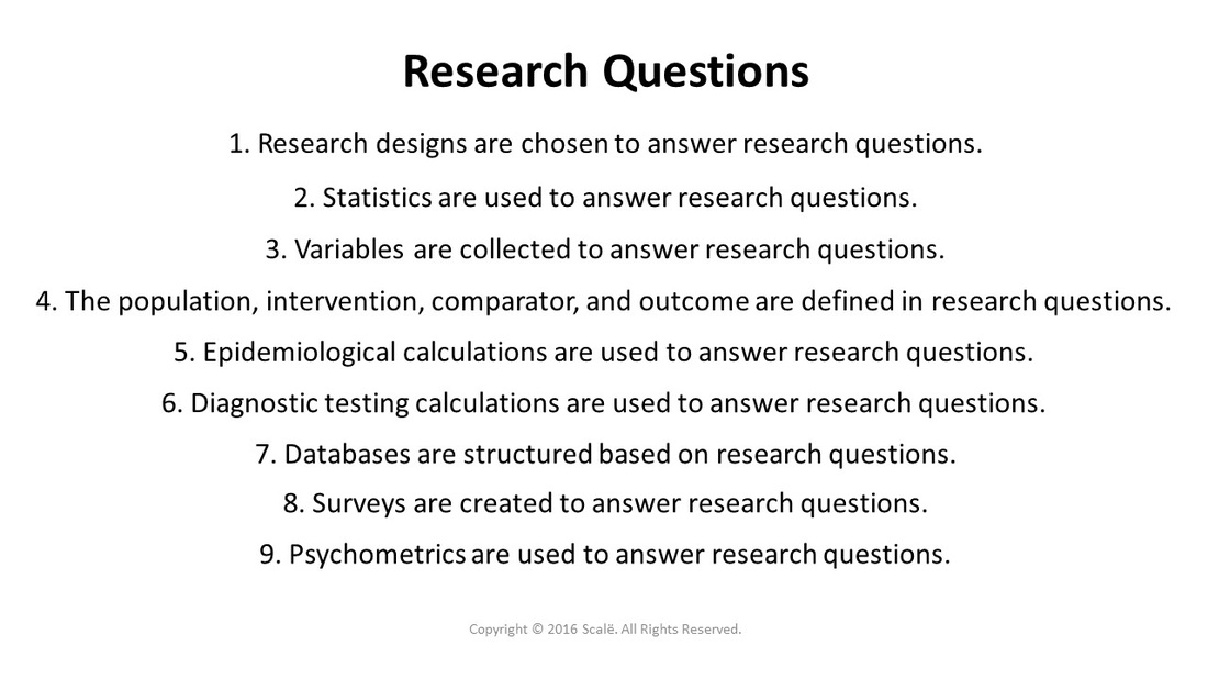 Research questions are answered by research designs, statistics, variables, epidemiology calculations, diagnostic testing calculations, databases, surveys, and psychometrics.