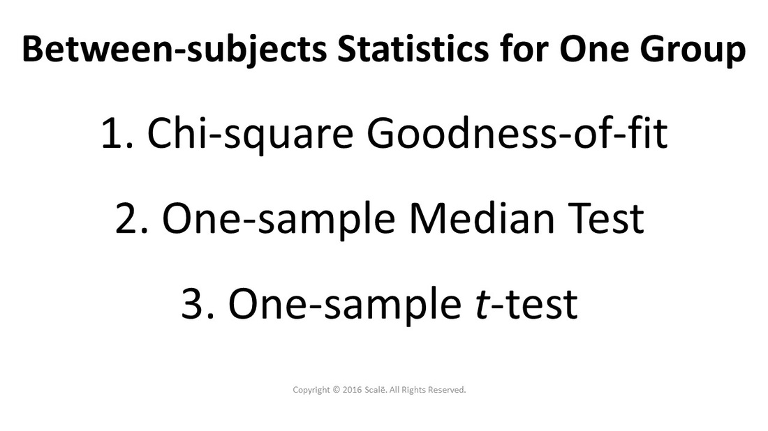 There are three between-subjects statistics for one group: Chi-square Goodness-of-fit, one-sample median test, and one-sample t-test.