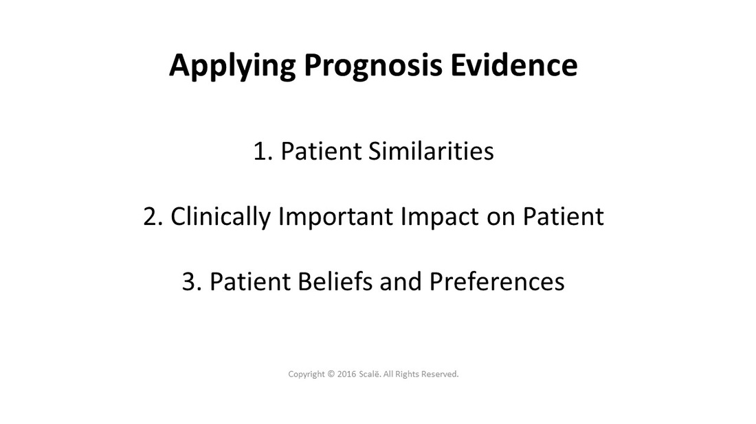 There are three considerations taken when applying prognosis evidence: Patient similarities, a clinically important impact on patients, and patient beliefs and preferences.