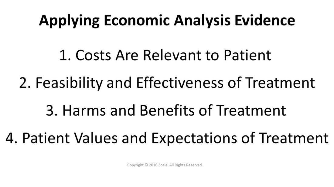 There are four considerations taken when applying economic analysis evidence: The costs are relevant to the patient, the feasibility and effectiveness of treatment, the harms and benefits of treatment, and patient values and expectations.