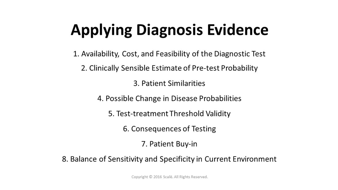 There are eight considerations taken when applying diagnosis evidence: Availability, cost, and feasibility of the diagnostic test, a clinically sensible estimate of pre-test probability, patient similarities, possible changes in disease probabilities, test-treatment threshold validity, the consequences of testing, patient buy-in, and balance of sensitivity and specificity in the current environment.
