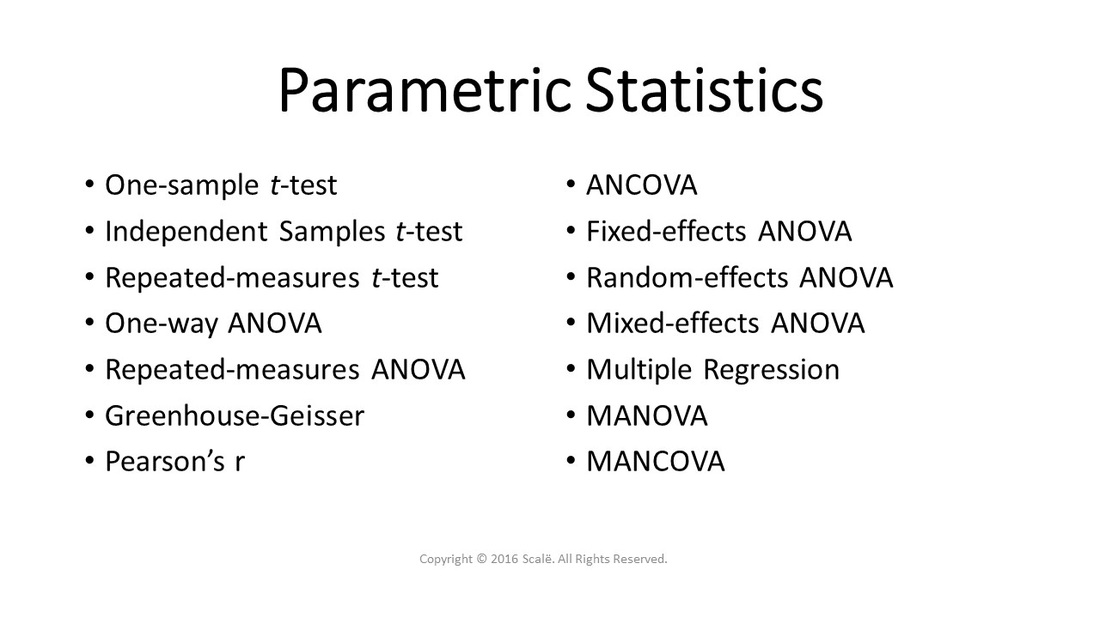 There are several types of parametric statistics: One-sample t-test, independent samples t-test, repeated-measures t-test, one-way ANOVA, repeated-measures ANOVA, Greenhouse-Geisser, Pearson's r, ANCOVA, fixed-effects ANOVA, random-effects ANOVA, mixed-effects ANOVA, multiple regression, MANOVA, and MANCOVA.