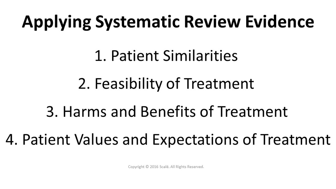 There are four considerations taken when applying systematic review evidence: Patient similarities, feasibility of treatment, harms and benefits of treatment, and patient values and expectations.