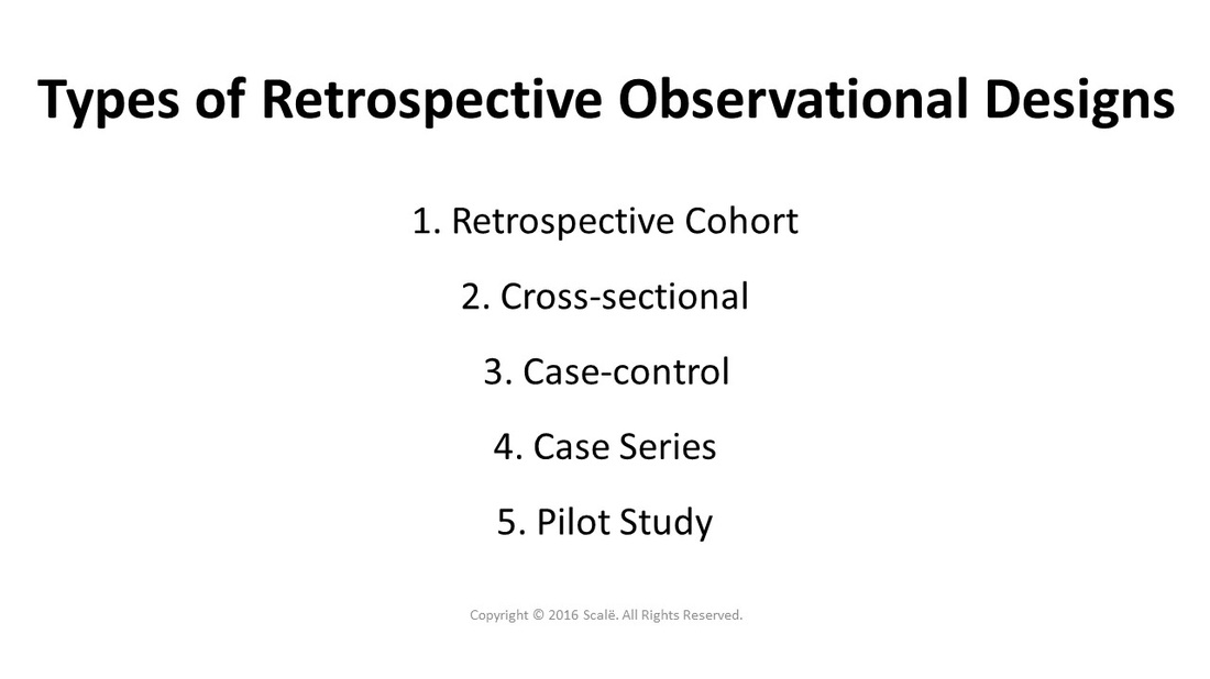 There are five types of retrospective observational designs: Retrospective cohort, cross-sectional, case-control, case series, and pilot study.