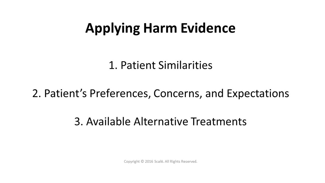 There are three considerations taken when applying harm evidence: Patient similarities, patient preferences, concerns, expectations, and available alternative treatments.
