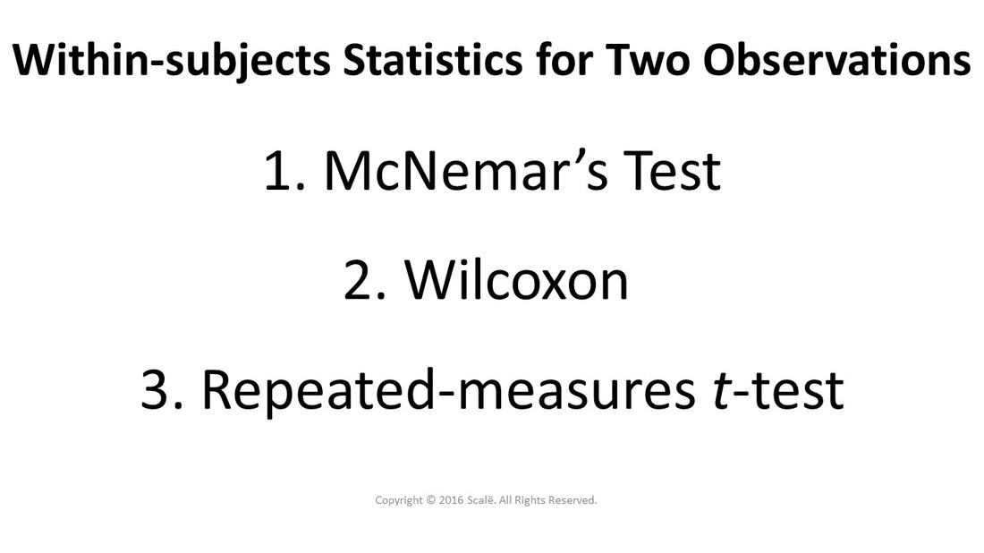 There are three within-subjects statistics for two observations: McNemar's test, Wilcoxon, and repeated-measures t-test.