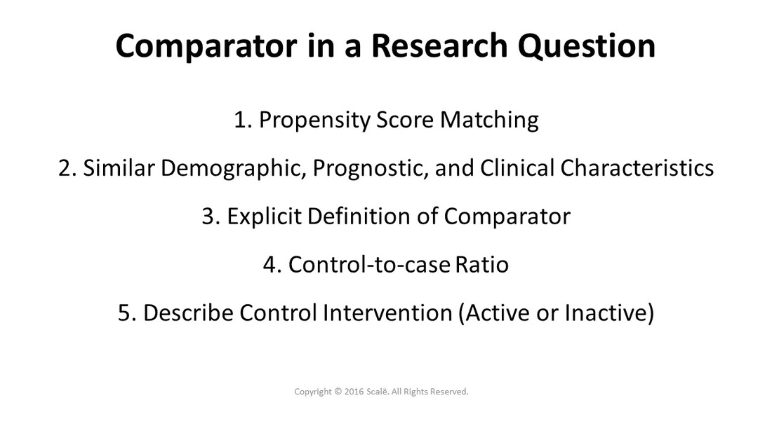 When writing a research question, the comparator should have an explicit definition in terms of being active or inactive. Propensity score matching should be used if possible and participants should have similar demographic, prognostic, and clinical characteristics. A control-to-case ratio of 2:1, 3:1, or 4:1 can be used to increase statistical power.
