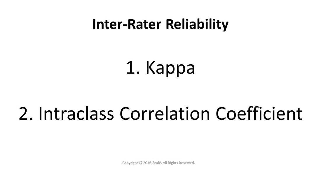 There are two types of inter-rater reliability analysis: Kappa and Intraclass Correlation Coefficient (ICC).
