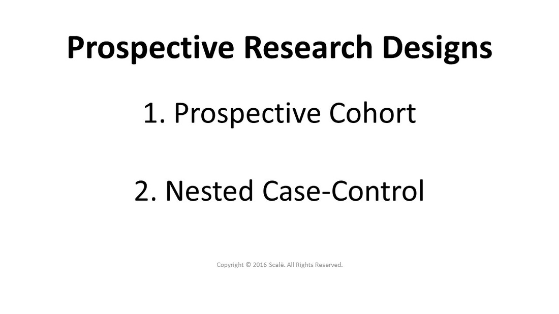 Prospective research designs are used then the outcome of interest occurs in the future. There are two types of prospective research designs: Prospective cohort and nested case-control.